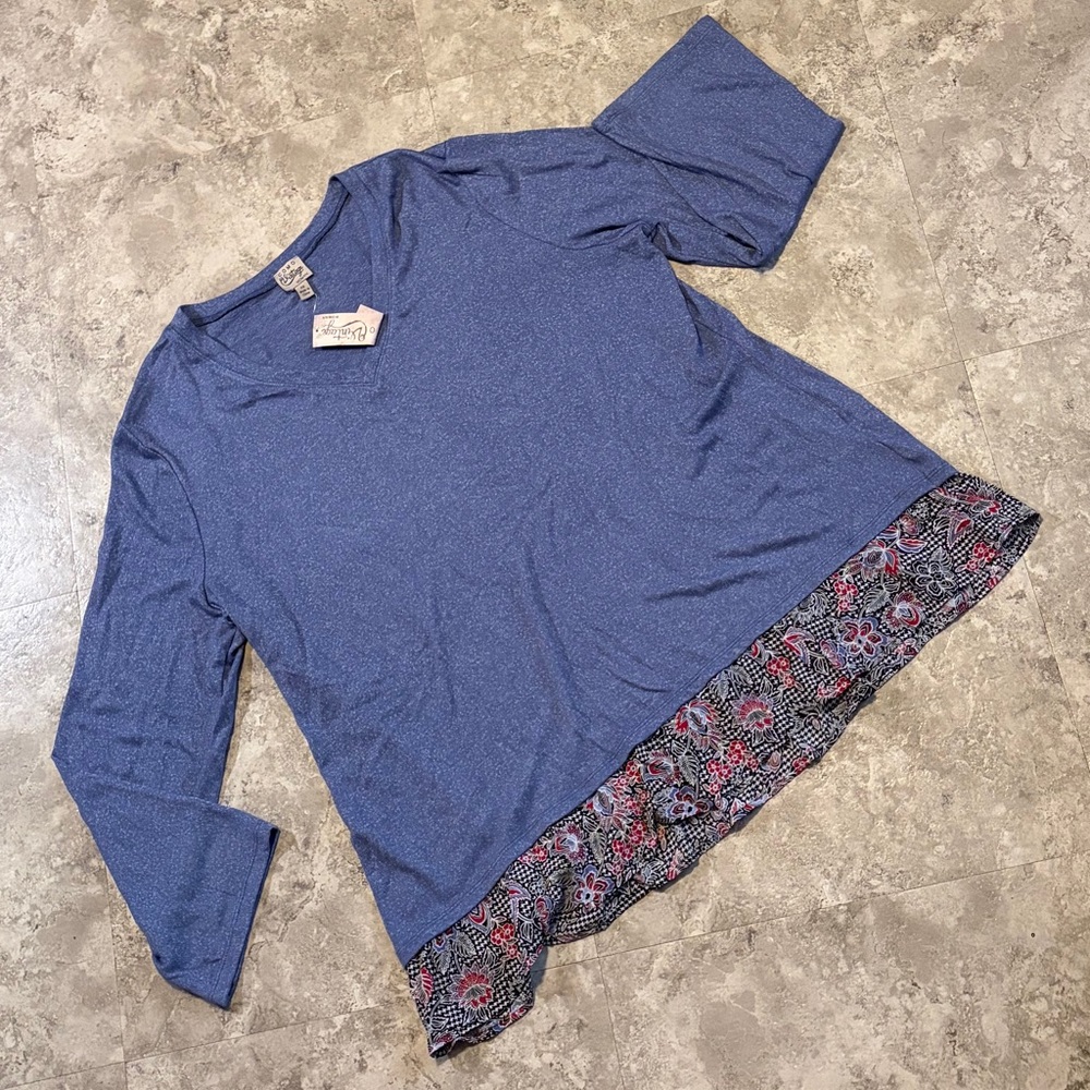 Como Vintage Blue Layered-Hem Women's Top with Floral Trim 2X